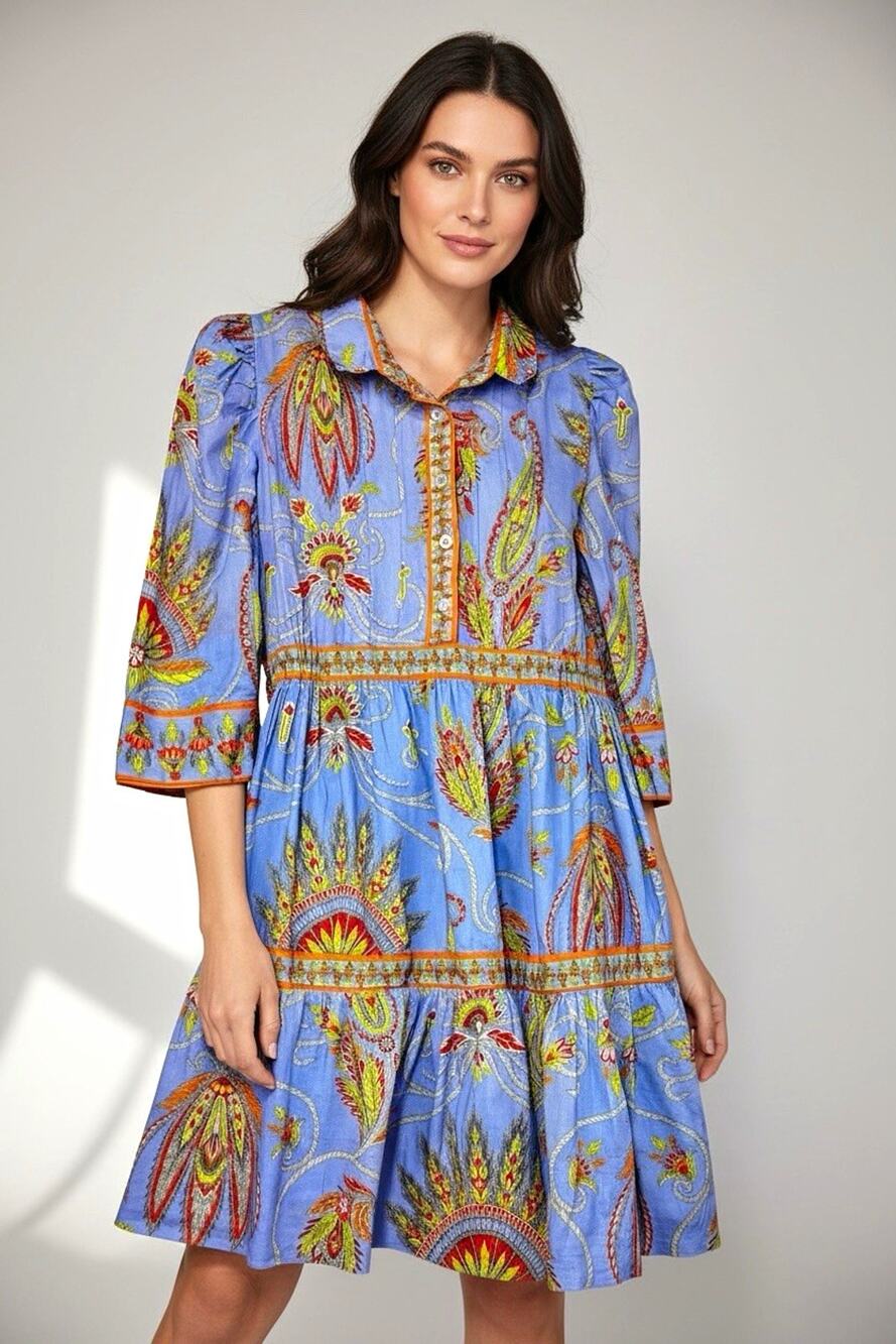 Gretchen Scott Womens Blue Multicolor Paisley Collared Button Shirt Dress S